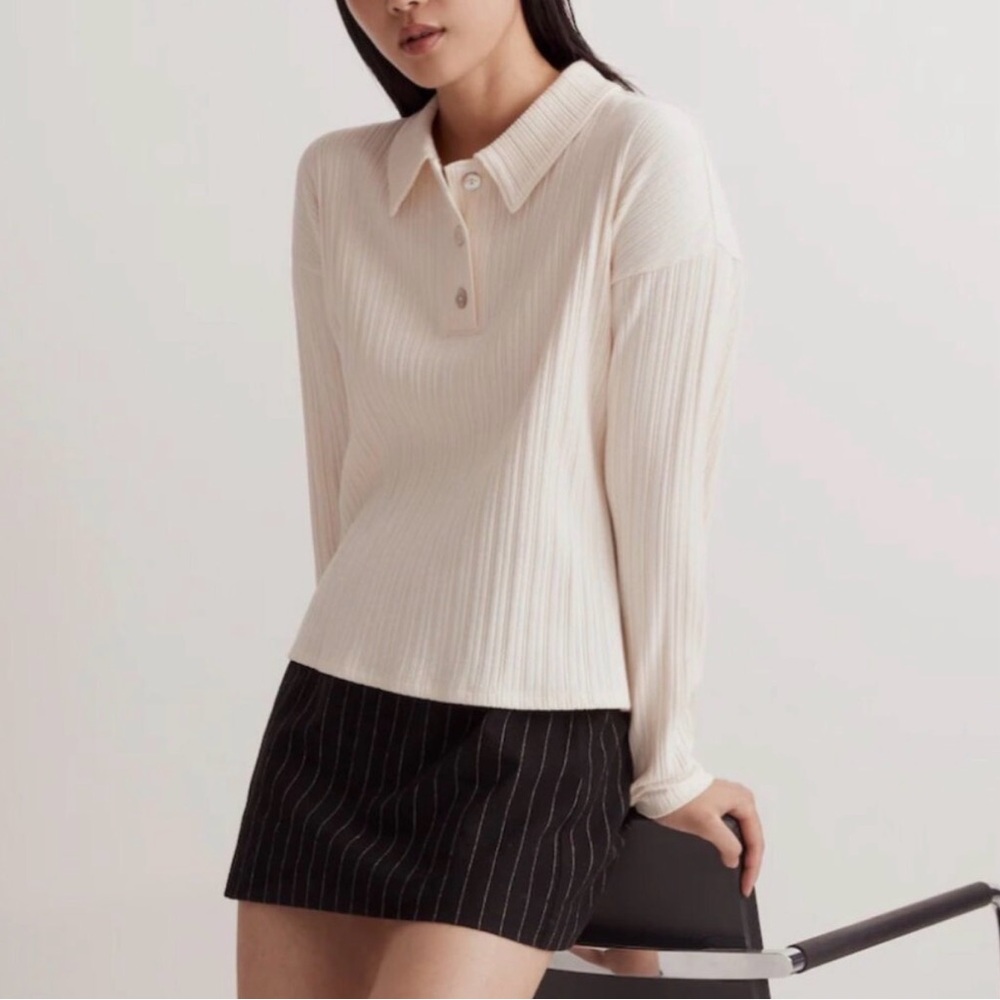 Madewell Variegated Rib Boxy Polo Shirt in Antique Cream Small